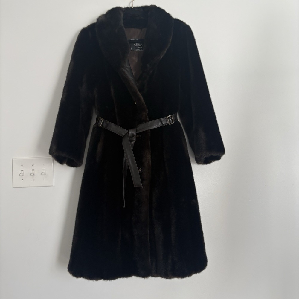 d'Jimas Furs Faux Fur Brown Coat Wrap Vintage 60s Winter Mob Wife Hollywood SzS